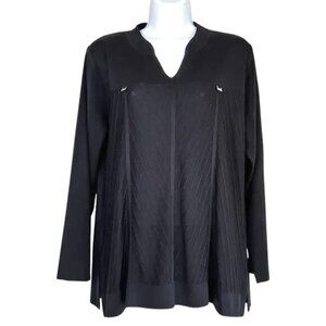 Misook Black Ribbed V-Neck Blouse S | Elegant Buckle Detail | Pullover